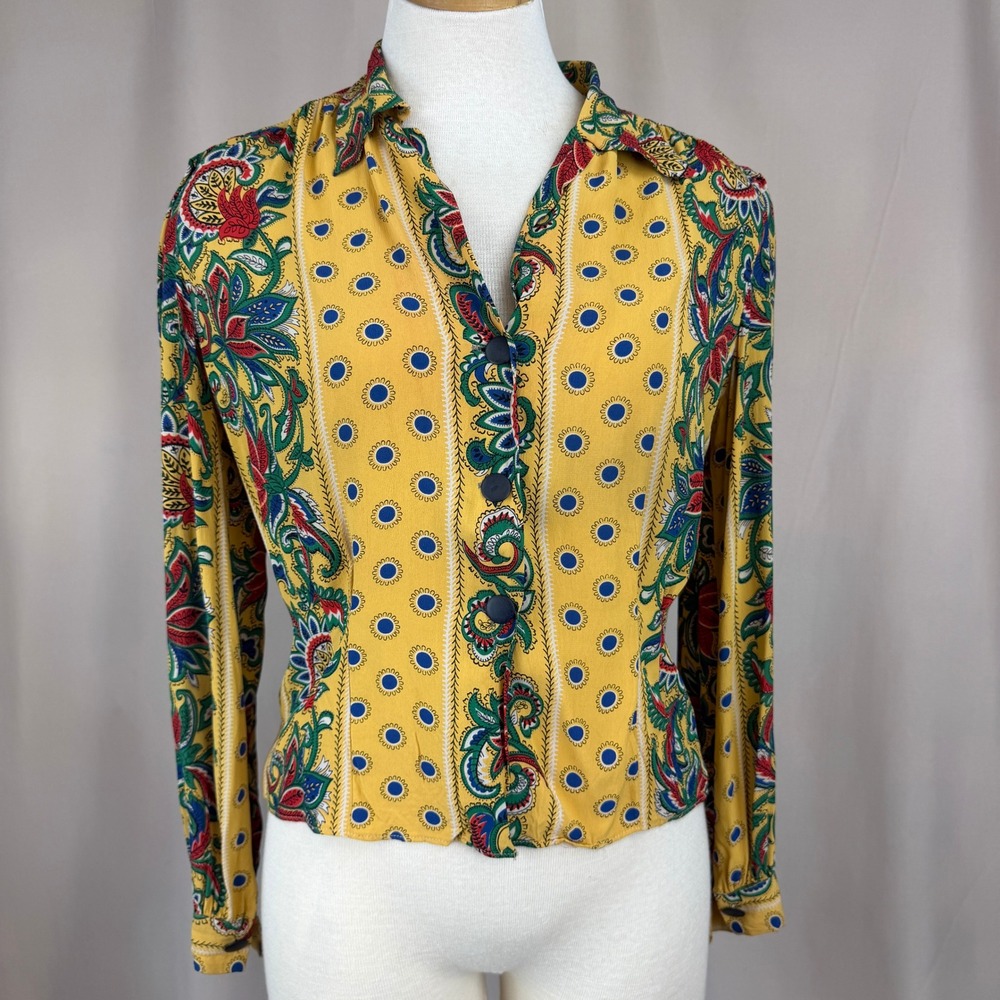 Vintage Womens|M|70s Boho Button Blouse Paisley Floral Long Sleeve Rockabilly